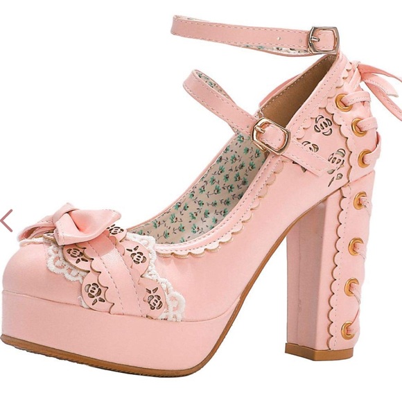 Bow Lace Princess Lolita Shoes Womens Chunky High Heels Ankle Strap Pumps Size 8 - Picture 12 of 12